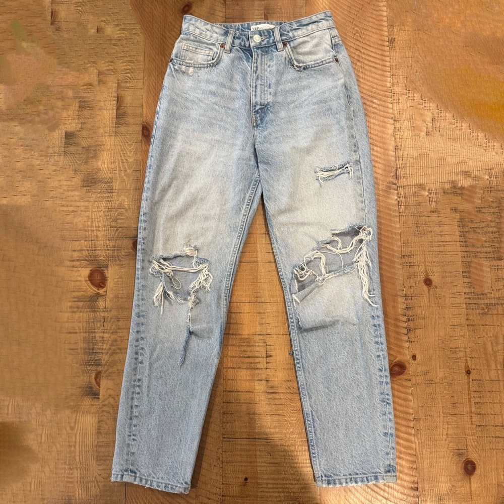 Zara Light Blue Distressed Straight Leg Jeans